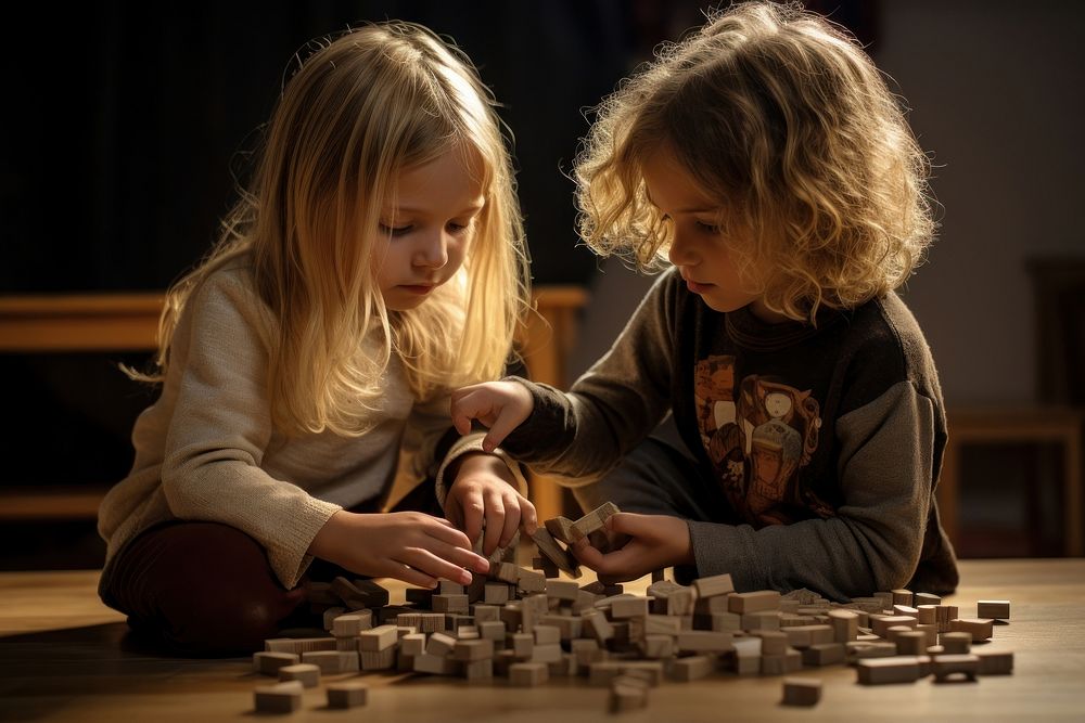 Kids building blocks child togetherness friendship. 