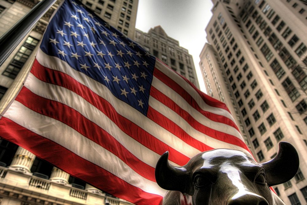 Charging Bull Sculpture sculpture city flag. AI generated Image by rawpixel.