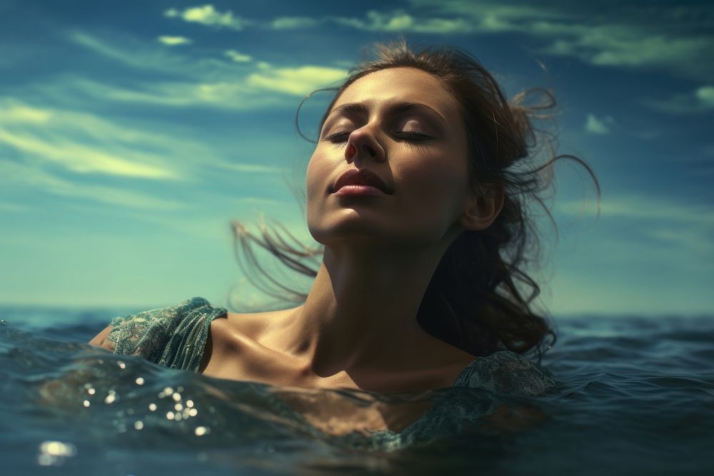 Relaxed woman enjoying the sea swimming portrait outdoors. AI generated Image by rawpixel.