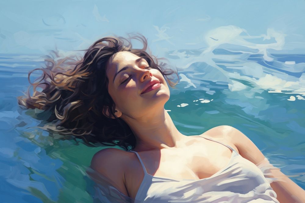 Relaxed woman enjoying the sea swimming painting portrait. AI generated Image by rawpixel.