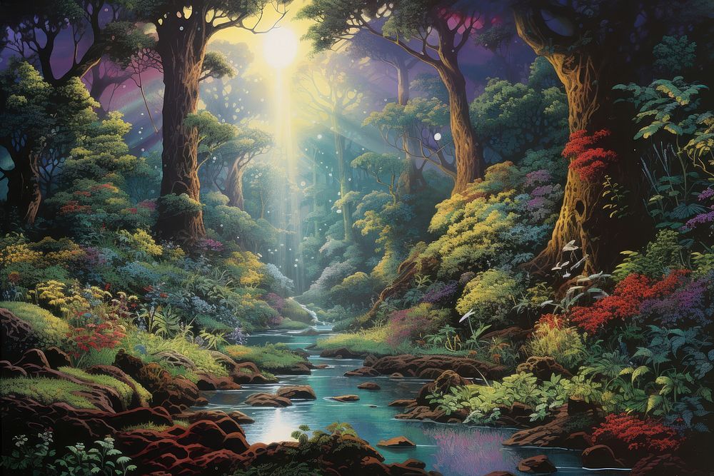 Airbrush art of a forest vegetation landscape outdoors. 