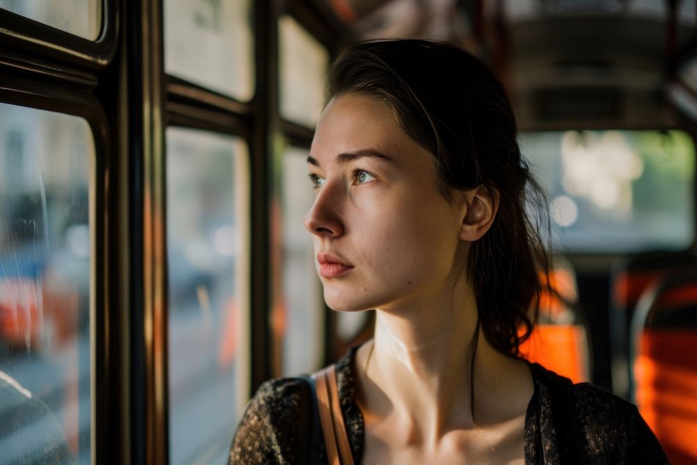 Woman standing in bus photography portrait vehicle. AI generated Image by rawpixel.