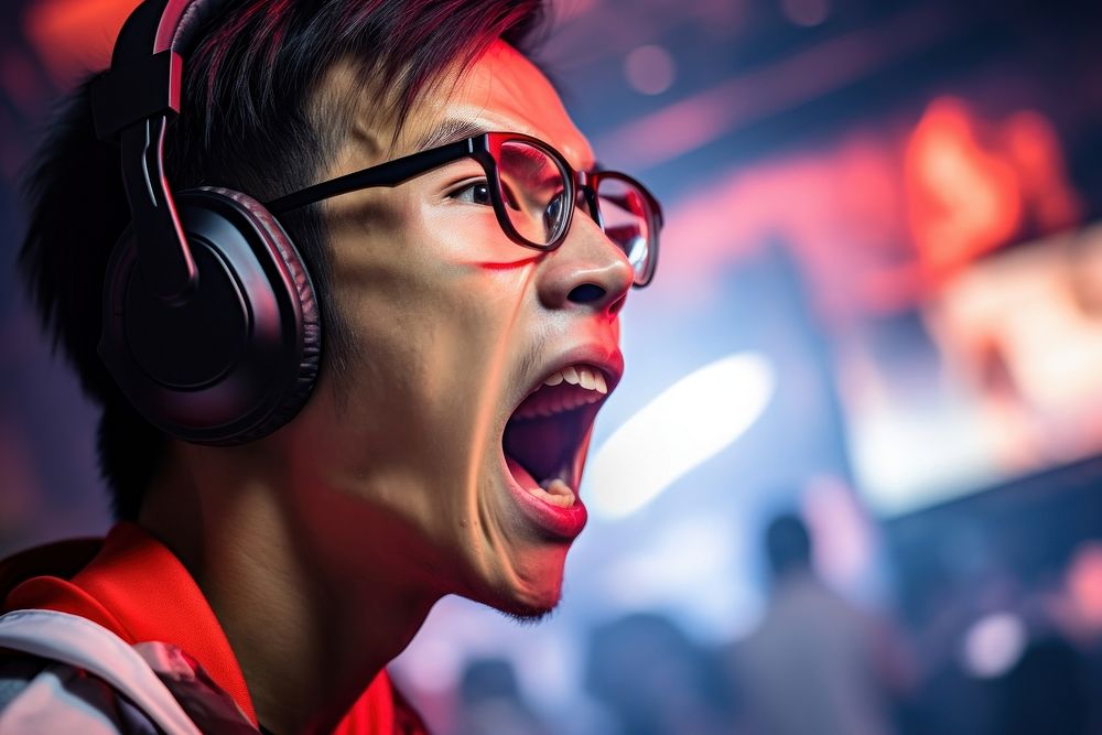 Asian male wearing headphone gaming and eyeglasses in game tournament headphones shouting headset. AI generated Image by…