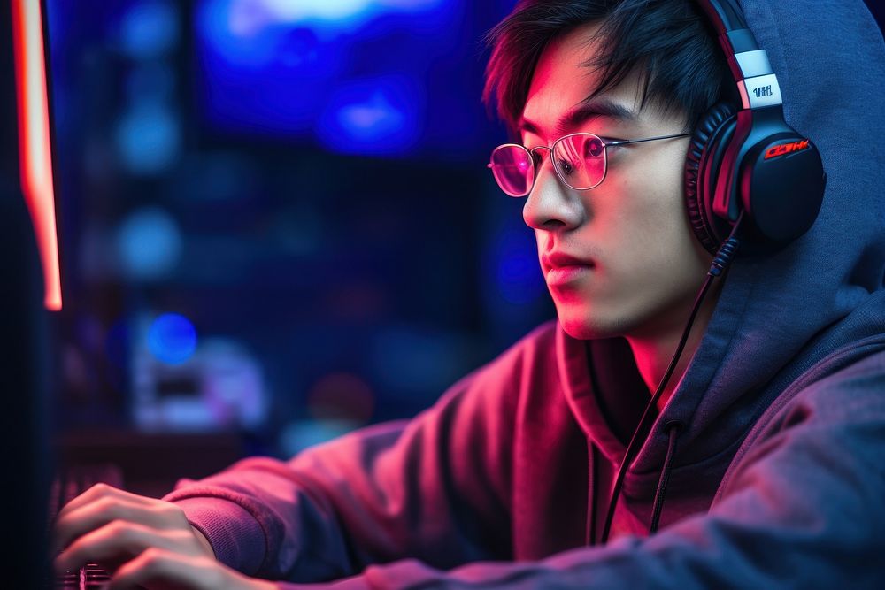 Asian male wearing headphone gaming and eyeglasses headphones photography headset. AI generated Image by rawpixel.