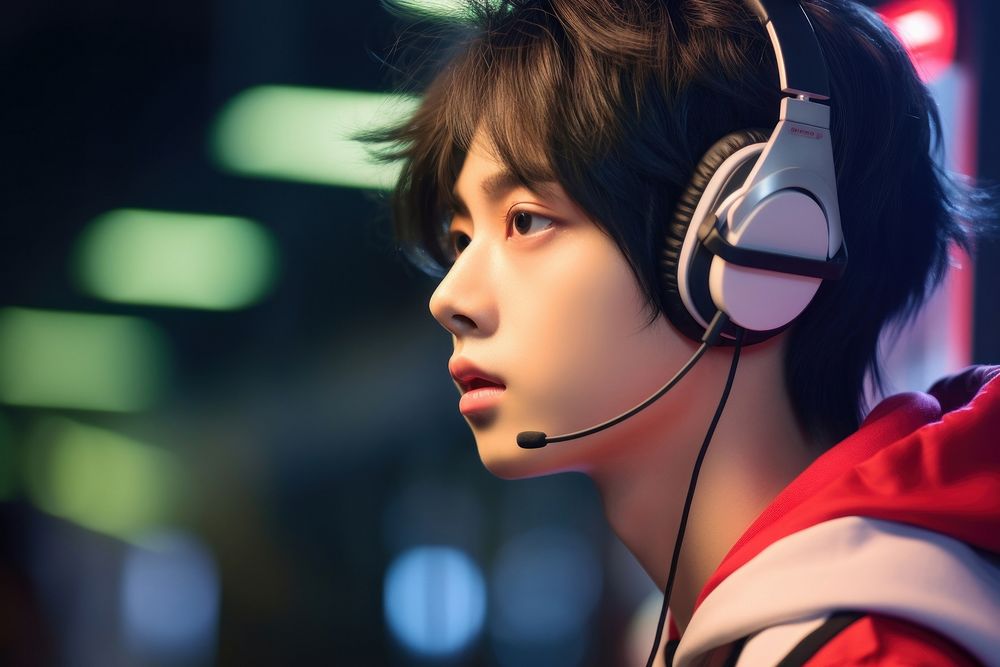 Asian male wearing headphone gaming headphones headset face. AI generated Image by rawpixel.