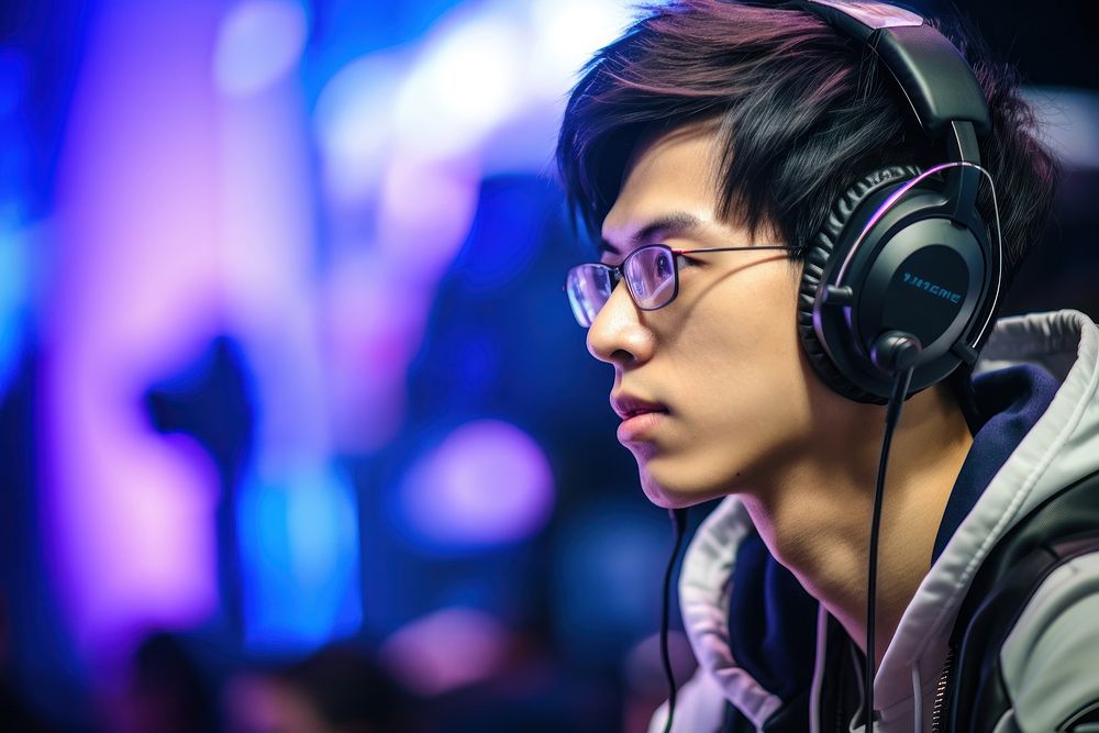 Asian male wearing headphone gaming and eyeglasses headphones headset face. AI generated Image by rawpixel.