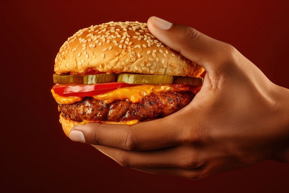 Hand holding burger food red hamburger. AI generated Image by rawpixel.