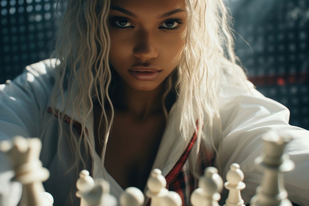 Black female playing chess game contemplation concentration. AI generated Image by rawpixel.