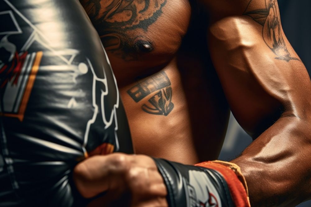 Male boxing punching bag tattoo adult skin. AI generated Image by rawpixel.
