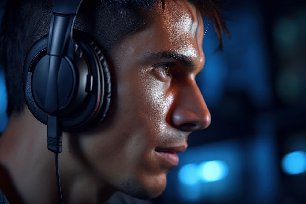 Male wearing headphone gaming headphones headset adult. AI generated Image by rawpixel.