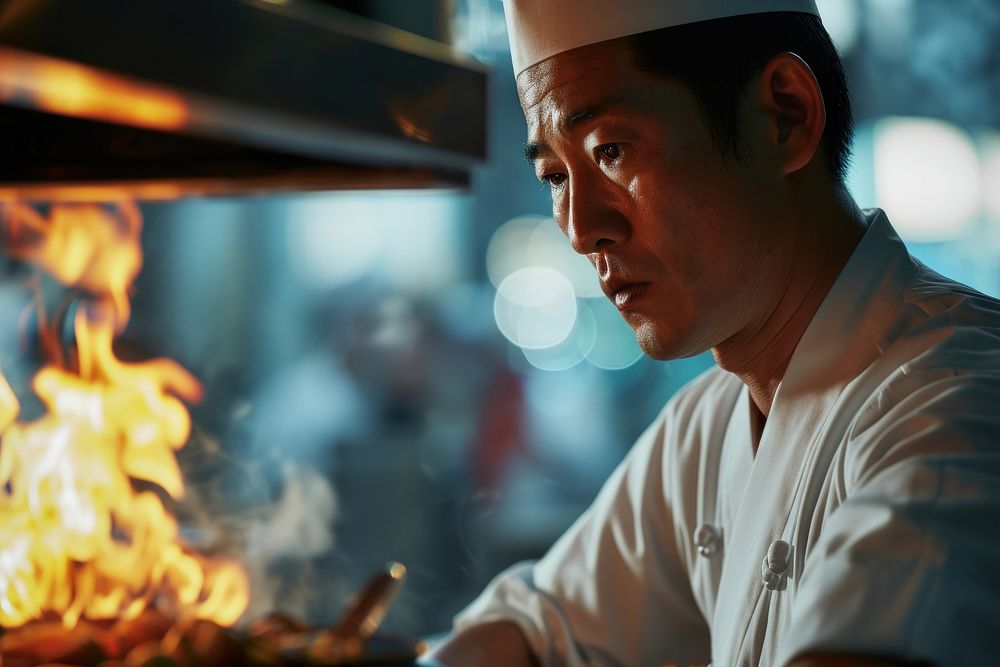Japanese chef cooking adult food fire. AI generated Image by rawpixel.