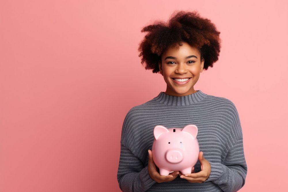Piggy bank holding smile adult. AI generated Image by rawpixel.