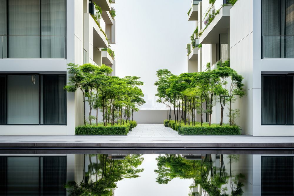 Modern apartment buildings and small garden city architecture outdoors. AI generated Image by rawpixel.