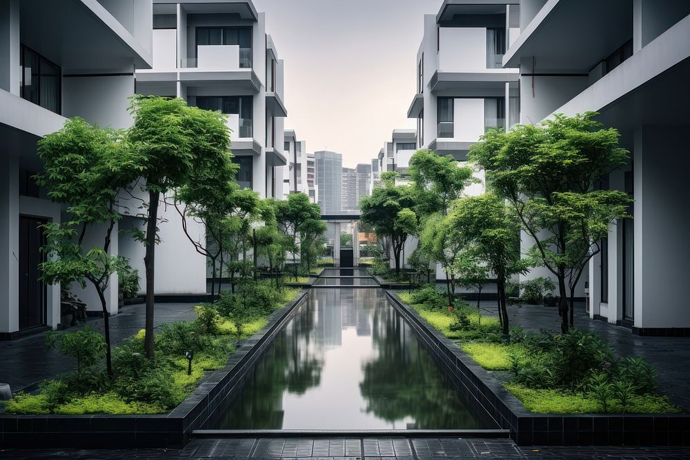 Modern apartment buildings and small garden city architecture cityscape. AI generated Image by rawpixel.