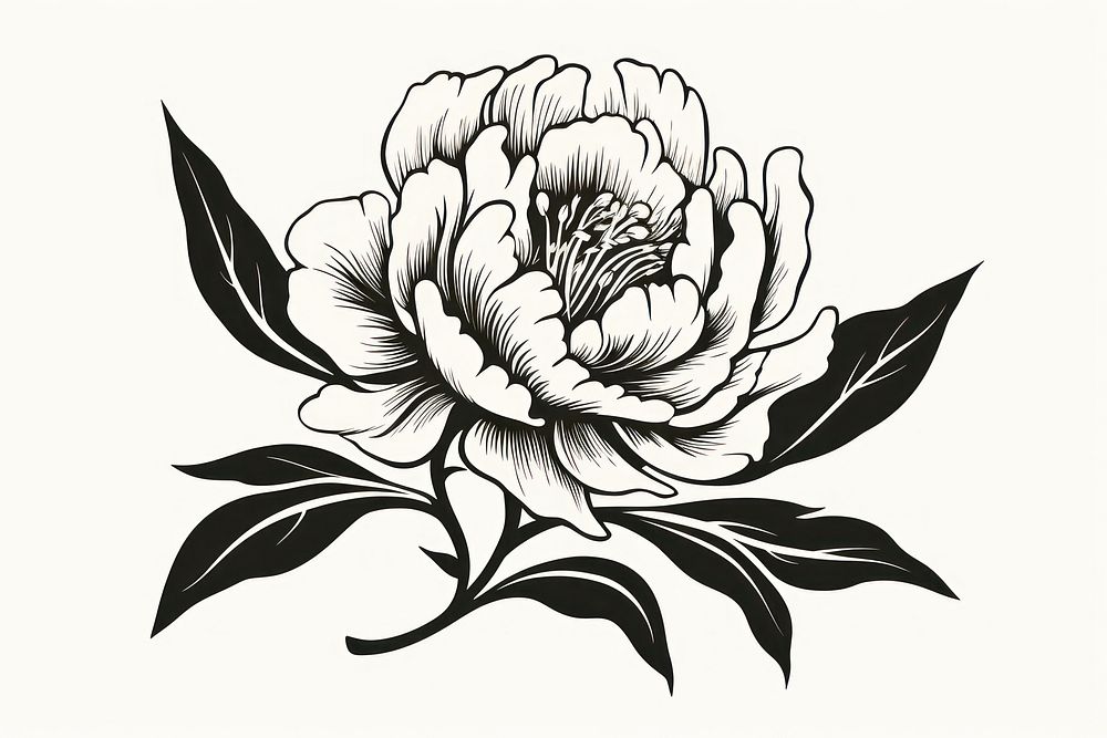 Simple black and white peony pattern drawing flower. AI generated Image by rawpixel.