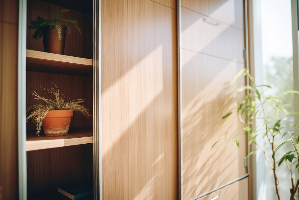Modern wooden closet furniture plant door. AI generated Image by rawpixel.