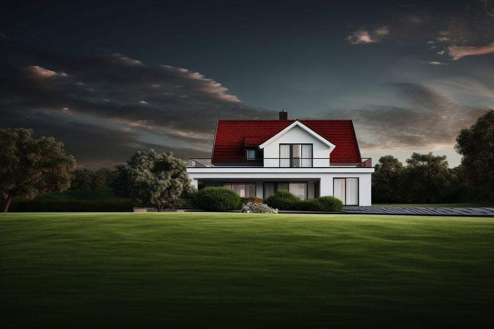 Home in front of a grassy green lawn architecture building outdoors. AI generated Image by rawpixel.