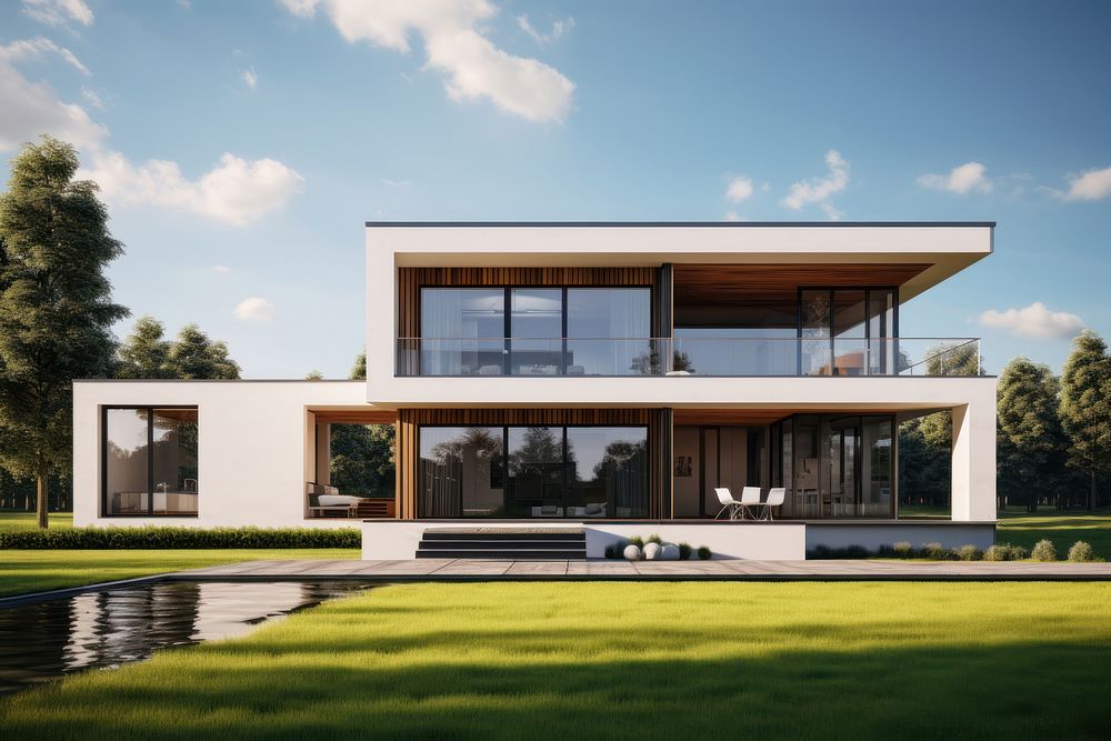 Modern house in front of a grassy green lawn architecture building villa. AI generated Image by rawpixel.