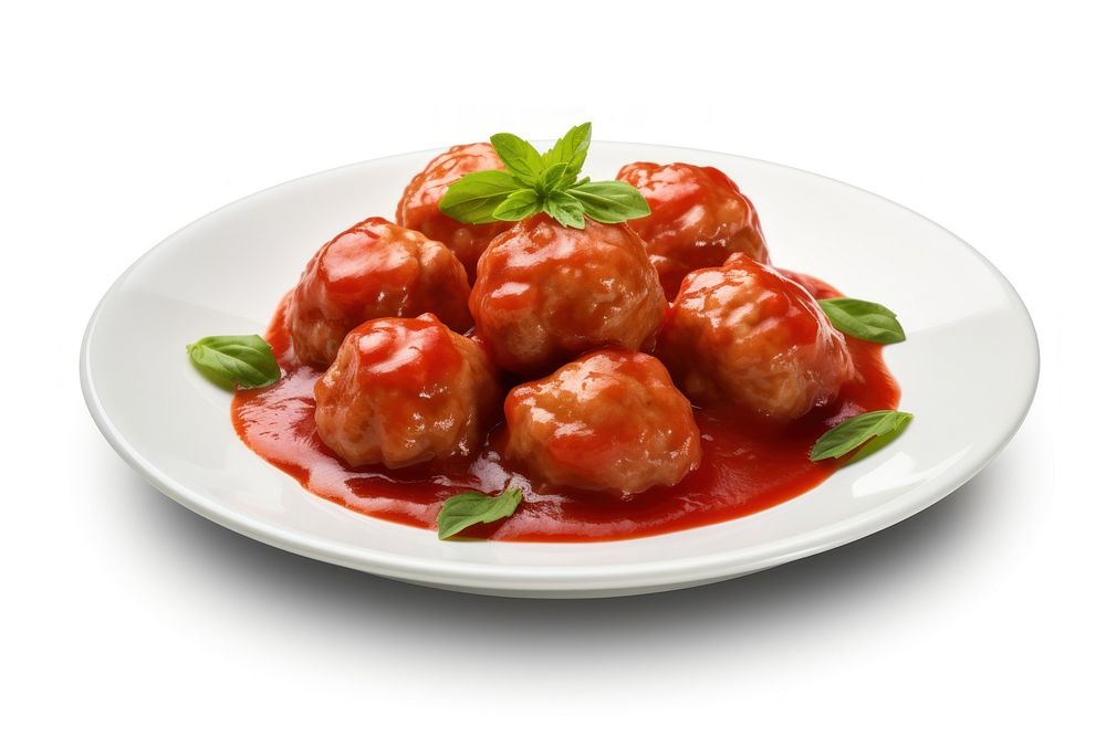 Meatballs with tomato sauce on white plate food white background vegetable. AI generated Image by rawpixel.