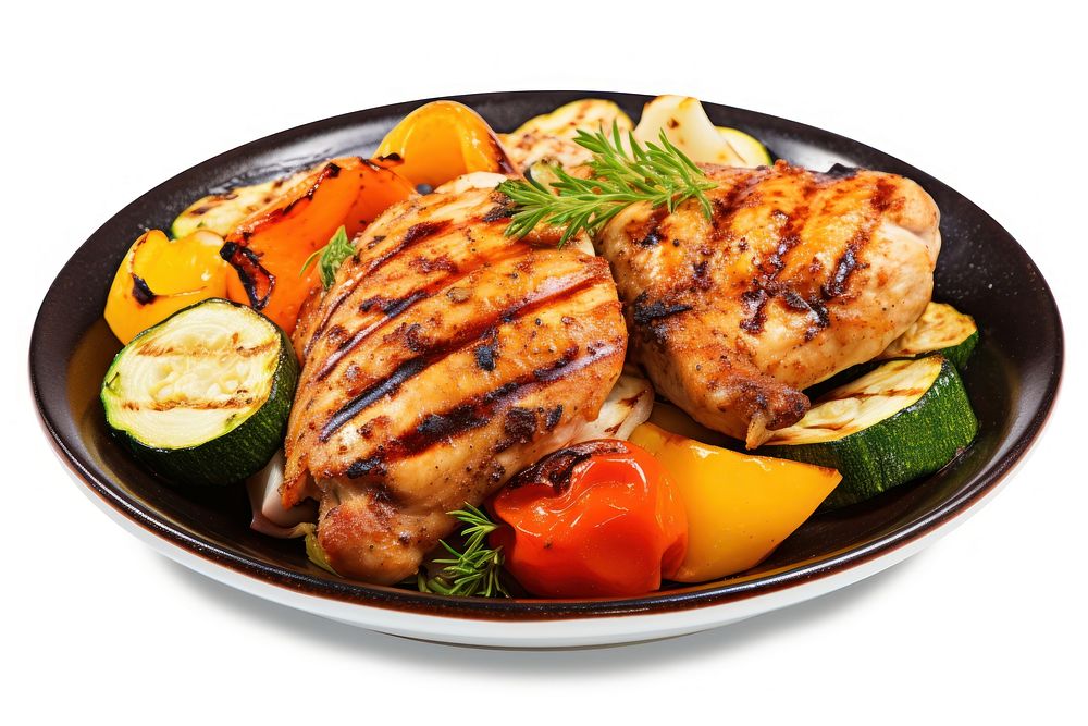 Plate of grilled chicken vegetable dinner food. 