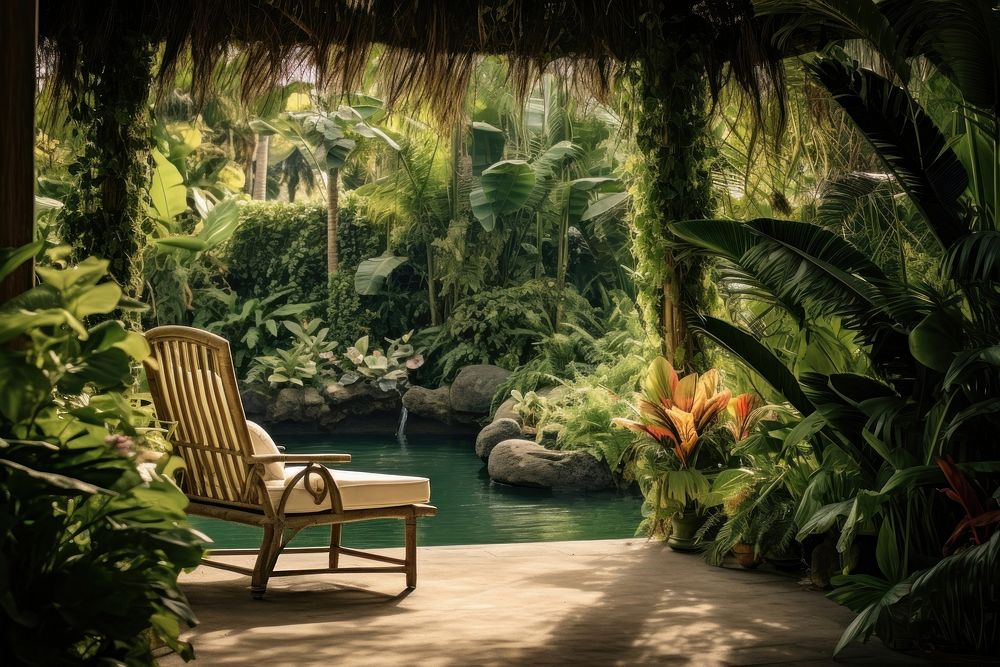 Tropical garden chair architecture vegetation. AI generated Image by rawpixel.
