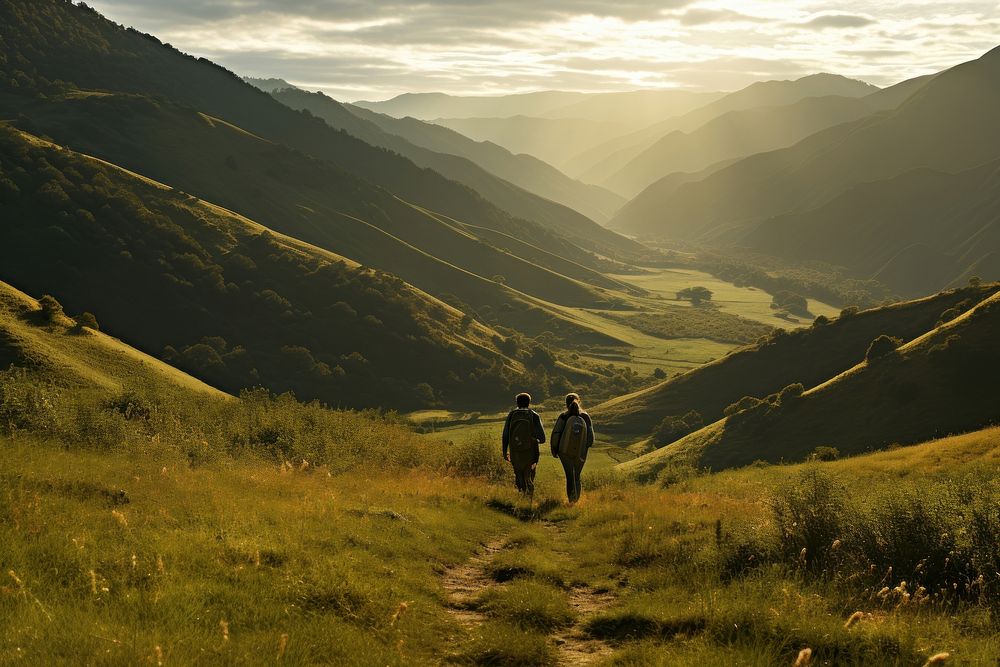 Two people hiking grass landscape adventure. AI generated Image by rawpixel.