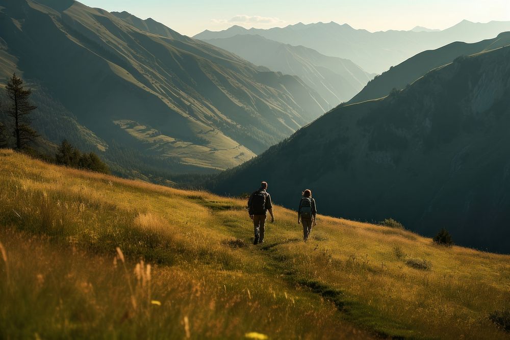 Two people hiking grass backpacking recreation. AI generated Image by rawpixel.