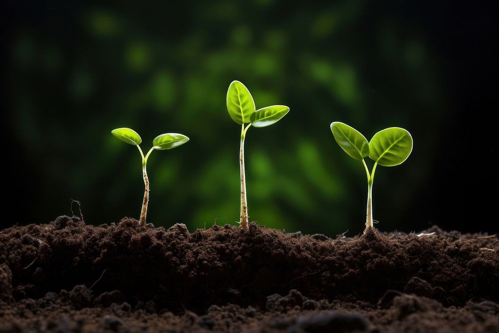 3 growing small plants in order in soil leaf agriculture beginnings. AI generated Image by rawpixel.