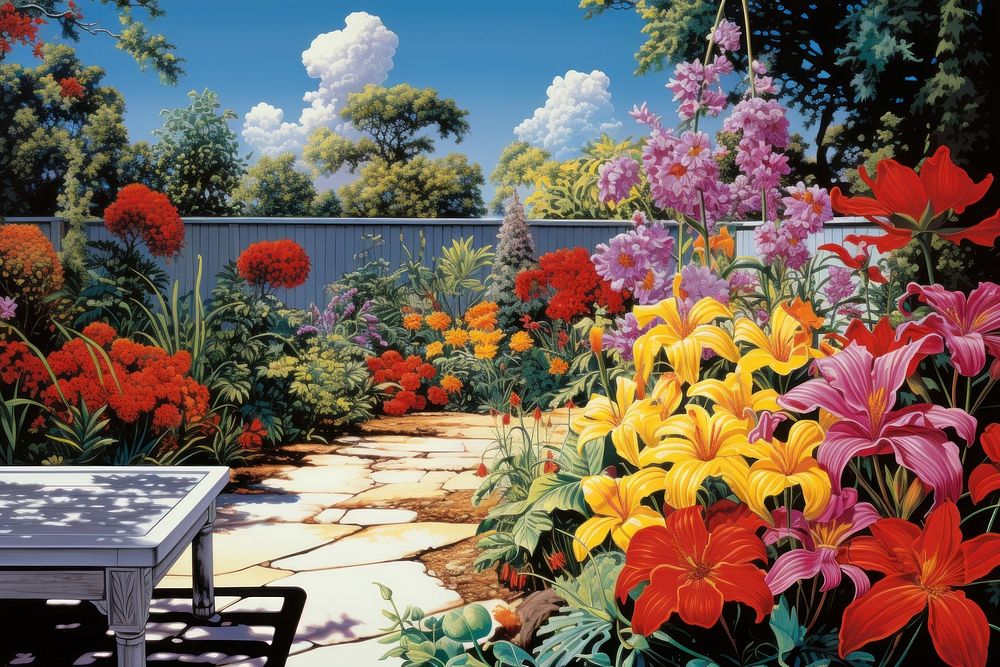Backyard flower garden landscape outdoors nature. AI generated Image by rawpixel.