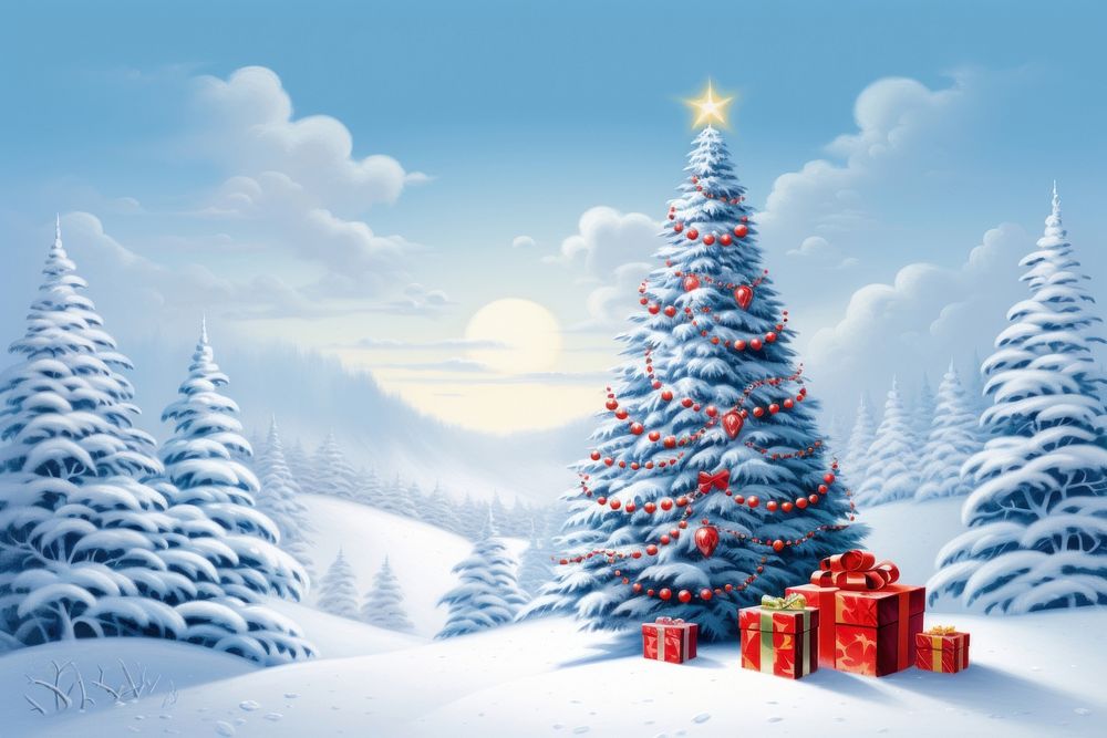 Beautiful white snowy with Christmas tree and Christmas gift christmas outdoors winter. 