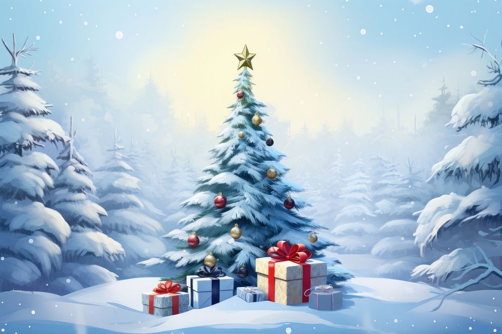 Beautiful white snowy with Christmas tree and Christmas gift christmas outdoors nature. AI generated Image by rawpixel.