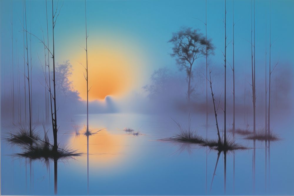 The reed with a willow tree shrouded in mist on the foggy lake landscape reflection outdoors. AI generated Image by rawpixel.