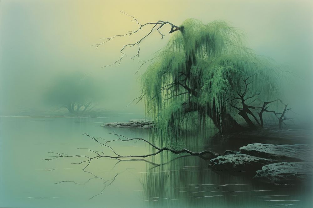 The reed with a willow tree shrouded in mist on the foggy lake reflection landscape outdoors. AI generated Image by rawpixel.