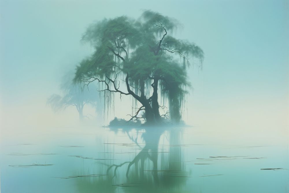 The reed with a willow tree shrouded in mist on the foggy lake landscape reflection outdoors. AI generated Image by rawpixel.