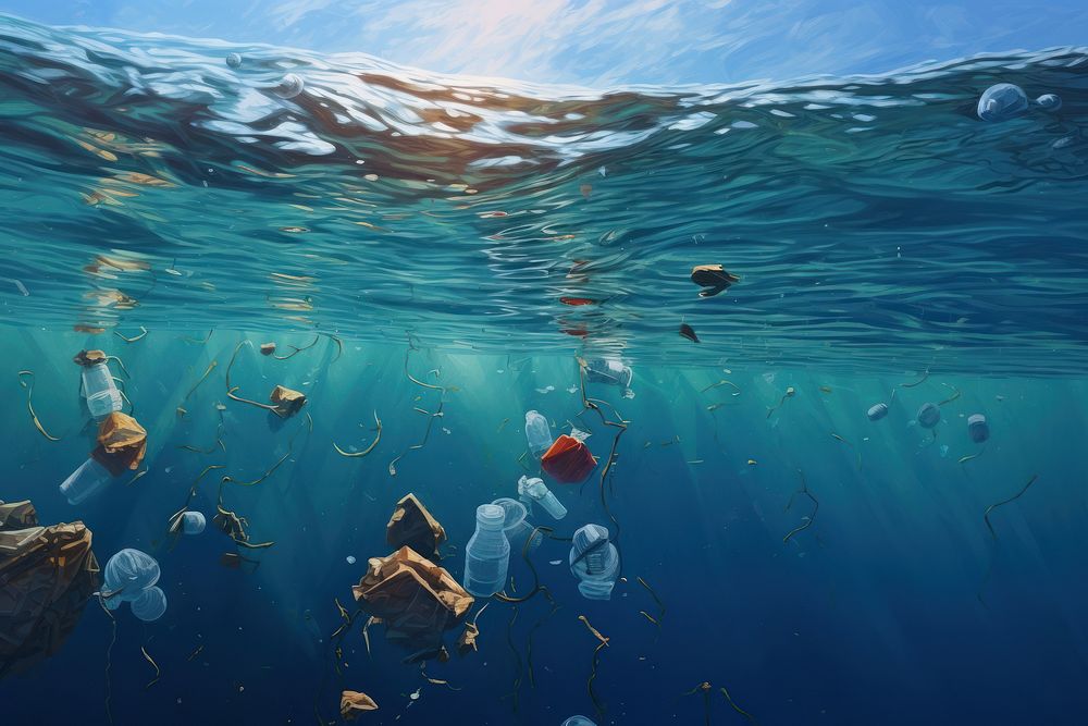 1 plastic garbage floating in the ocean underwater swimming outdoors. AI generated Image by rawpixel.