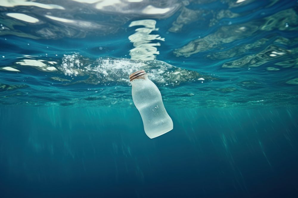 1 plastic waterbottle floating in the ocean underwater swimming outdoors. AI generated Image by rawpixel.