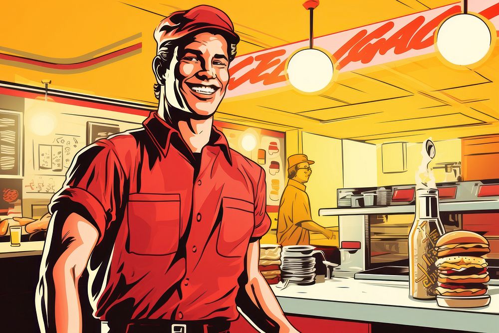 Fast food restuarant staff comics adult architecture. AI generated Image by rawpixel.