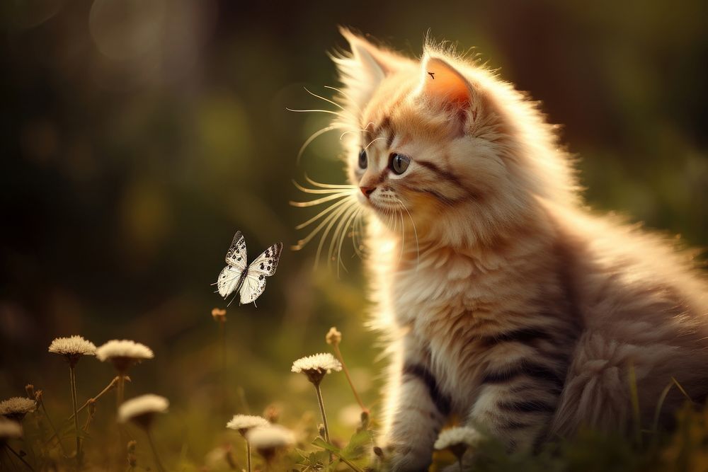 Cute fluffy kitty playing with butterfly animal mammal kitten. AI generated Image by rawpixel.