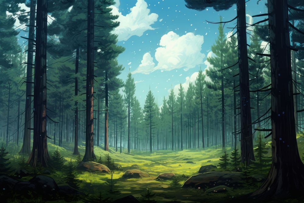 A few pine tree forest can see the sky wilderness landscape sunlight. AI generated Image by rawpixel.