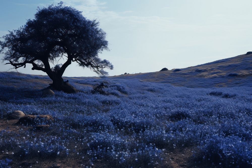 A large ground with blue flowers landscape outdoors nature. AI generated Image by rawpixel.