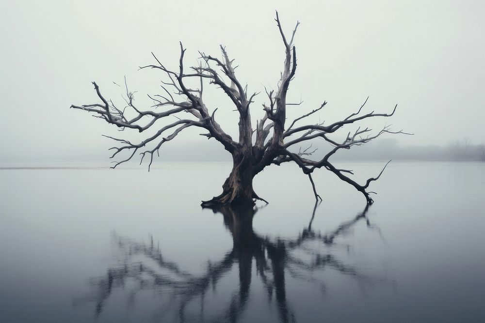 A misty lake with dead trees driftwood outdoors nature. AI generated Image by rawpixel.