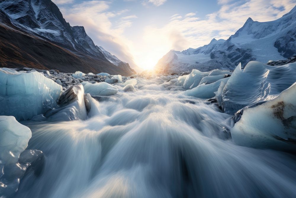The movement of the ice stream on the glacier landscape mountain outdoors. AI generated Image by rawpixel.