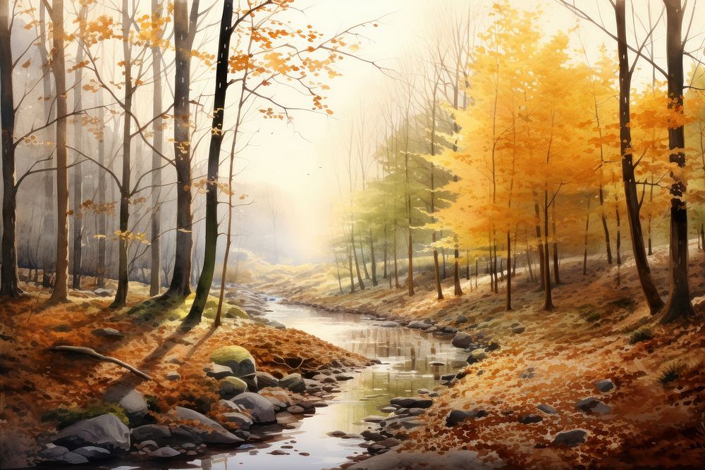 Forest in autumn can see sky few trees watercolor landscape sunlight outdoors. AI generated Image by rawpixel.