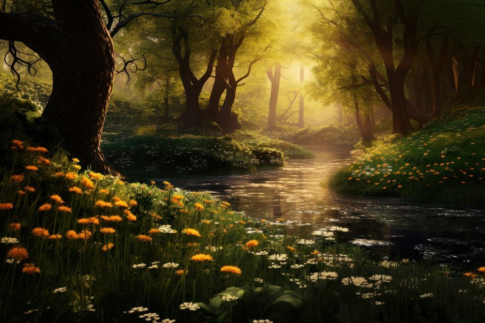 Forest in the spring few trees landscape sunlight outdoors. AI generated Image by rawpixel.
