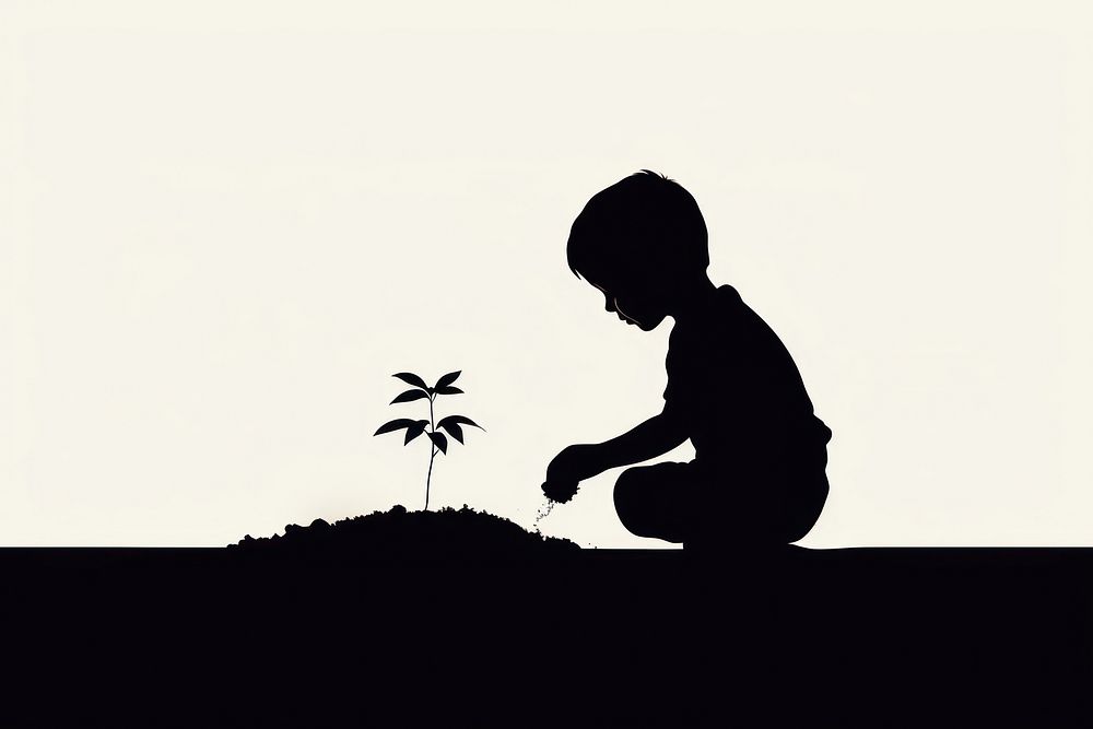 Child planting backlighting silhouette monochrome. AI generated Image by rawpixel.