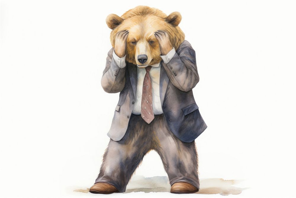 A baby bear in a business suit displaying an expression of extreme exasperation and irritation mammal representation…