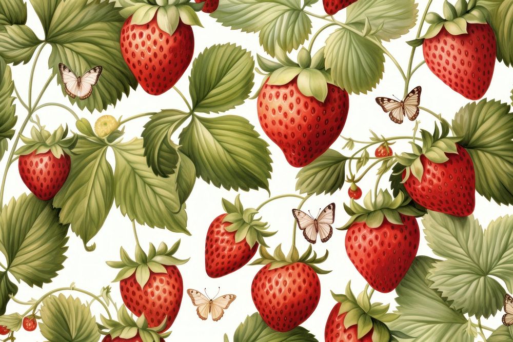 Norwegian strawberries sneak alternating with their leaves with a butterfly seamless pattern backgrounds strawberry fruit.…
