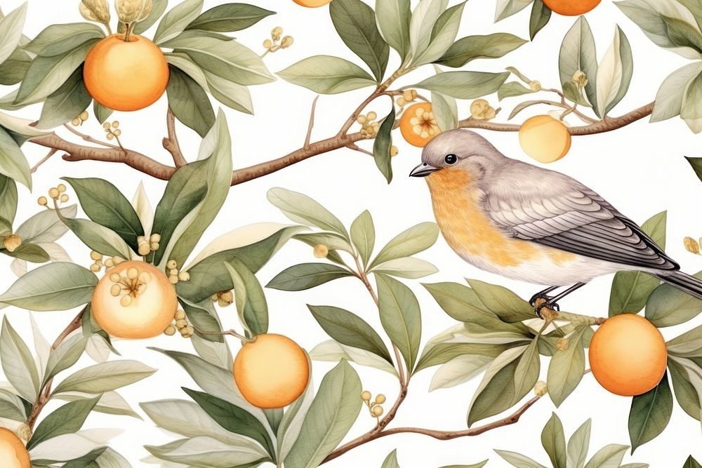 Fresh orange and botanical with a sparrow seamless pattern backgrounds plant fruit. AI generated Image by rawpixel.