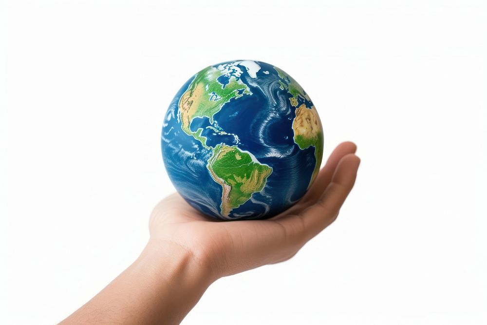 Hand holding small realistic earth planet globe space. AI generated Image by rawpixel.