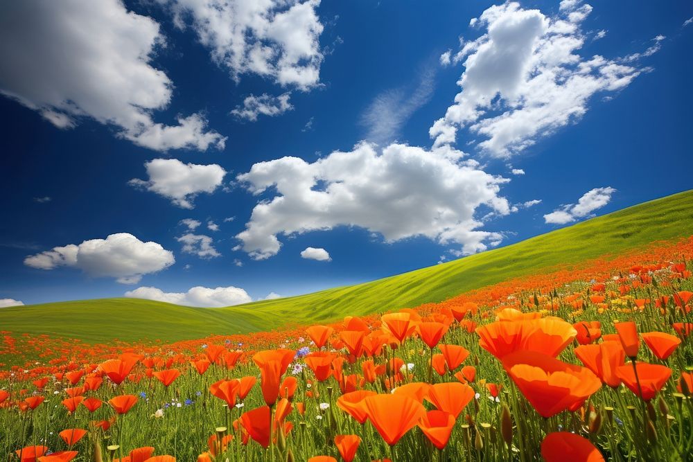 The beauty of the blue and orange flowers against the green grass landscape grassland outdoors. AI generated Image by…